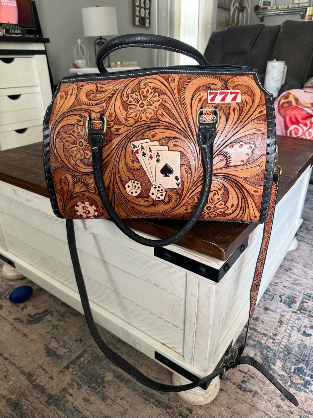 Hand-Tooled Leather Satchel Bag with Card & Dice Motif - Brown